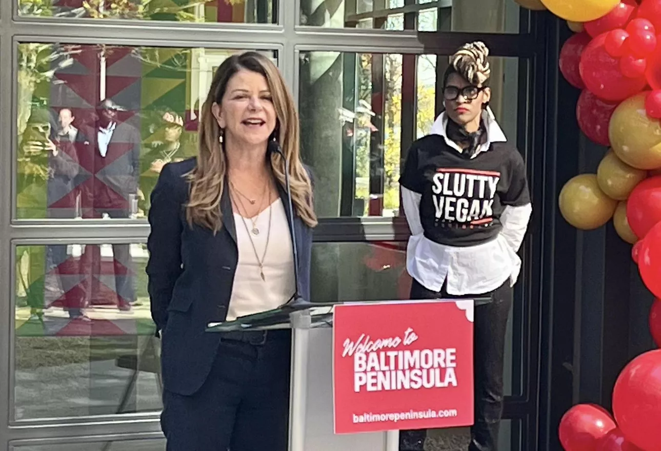 Bisnow/Adam Bednar<br />
MAG Partners CEO MaryAnne Gilmartin speaks during the event announcing Slutty Vegan as a tenant at Rye Street Market.